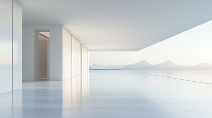 Obraz premium Minimalist modern interior with panoramic mountain view and open space design