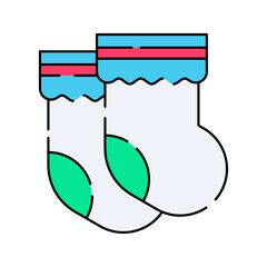 Baby Socks Flat design style, white socks with blue and green accents, symbolizing infant clothing, perfect for baby fashion branding, winter designs, and childcare visuals.