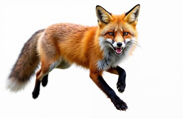 Obraz premium Funny fox jumping on transparent background. Full body shot of laughing orange mammal. Wild animal smile in motion. Cute fox character for advertising, book illustration or zoo safari promo.