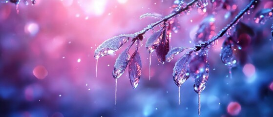 Enchanting winter scene of frozen leaves and icicles glistening with frost in magical pink and blue light, creating a dreamy and ethereal nature background