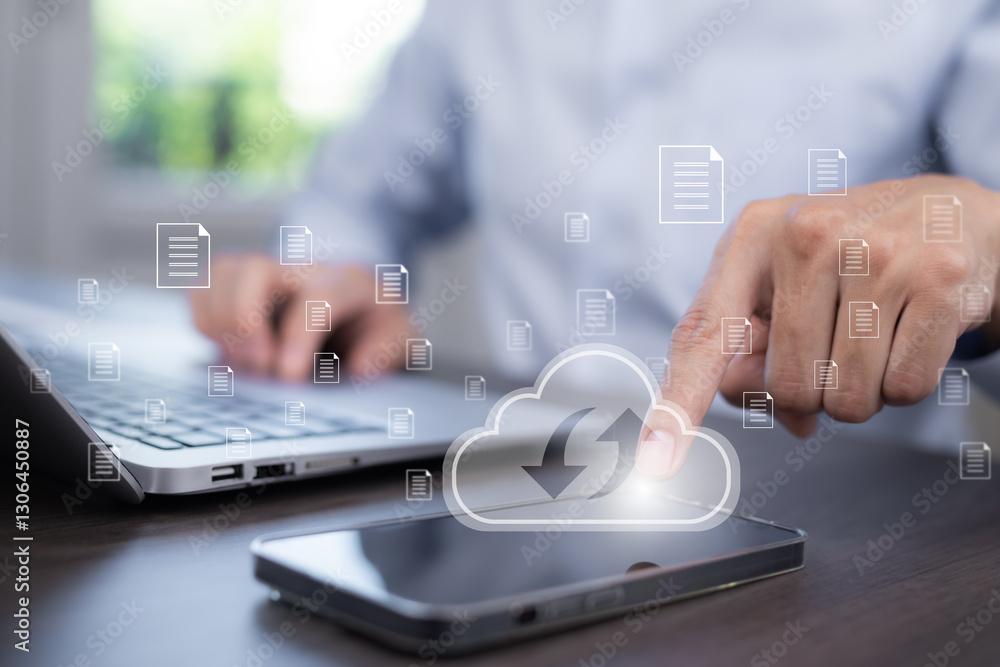 Aufkleber business people using laptop with cloud computing system , storage and data transfer cloud network, 