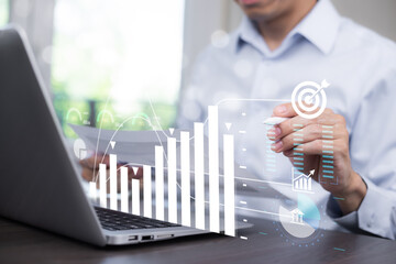 Concept financial transactions online, Group business and point at financial analyzing data while...