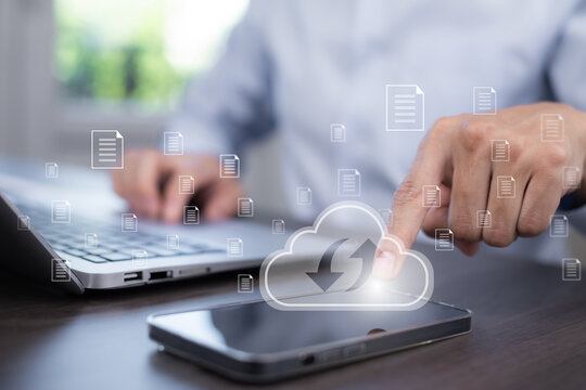 Business people using laptop with cloud computing system , Storage and data transfer Cloud network, Cloud technology. Networking and internet service, sharing download and upload and internet service