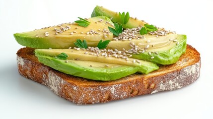 Avocado slices on toast with sesame seeds and herbs,  White background, isolated.