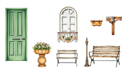 Fototapeta premium Charming Green Door Window Bench Mailbox Illustration