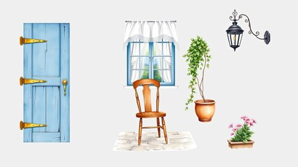 Rustic Cottagecore Door Window Chair Plants Lantern Illustration