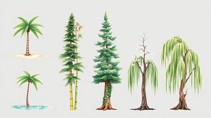 Obraz premium Tropical Temperate Trees Palm Fir Bamboo Willow Illustrations