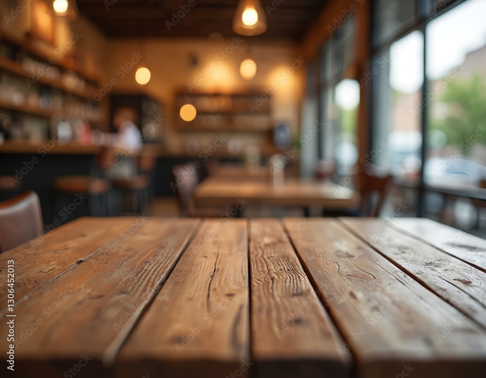 Poster Rustic wooden table foreground in blurry cafe background with bokeh effect. Interior with empty seats, soft light and soft atmosphere is perfect for bar demo or food product display.