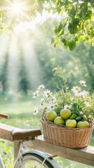 Charming old-fashioned bicycle with fruits and flowers in countryside sunlight. Generative AI