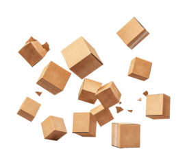 Aerial warehouse action falling boxes isolated on transparent background