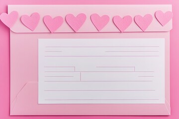 Pink envelope and blank form with paper pink hearts on a pink background Valentine's Day card