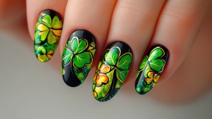 Closeup of beautiful woman hands with Four clover manicure on nails,Lucky clover leaves,Patricks day watercolor clipart,Spring flower pattern,St. Patrick s day seamless pattern.