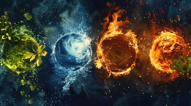 The four elements of nature in a breathtaking creative design. All four elements forming a circular shape. Earth, wind, fire, air, water. 