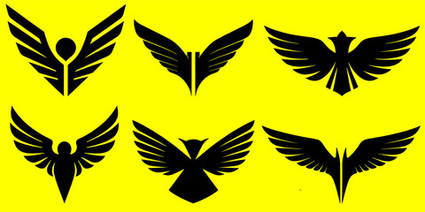Six black winged-emblems on a bright yellow background, showcasing various abstract bird-like designs.