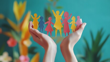 Conceptual illustration of hands holding paper family figures, symbolizing support, protection, patient care, holistic health approach, teamwork in addressing social determinants