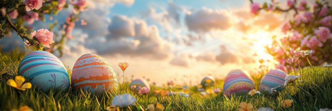 Multiple eggs on grass amidst pink sunrise clouds - Powered by Adobe