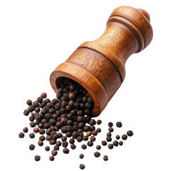 A wooden pepper grinder with scattered black peppercorns, isolated on transparent background.