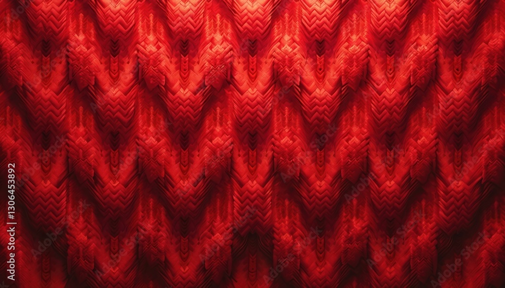 Poster Bright red texture background. Abstract knitted surface with zigzag pattern. Shiny vibrant element for winter clothes, christmas new year backdrops, hand-made fabric for backgrounds product