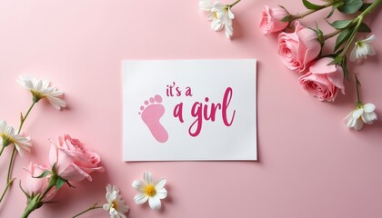 Cute pink birth day greeting card with text It a girl with pink baby footprints. Invitation with pink roses and chamomiles flowers on pink background, pregnancy concept, birth card mockup.