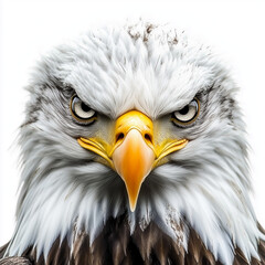 A powerful bald eagle with piercing eyes against a white background