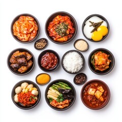 A vibrant assortment of Korean dishes served in small bowls, featuring kimchi, rice, vegetables, and various savory sides.