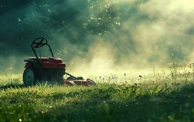 Fototapeta premium Morning mist surrounds a lawn mower on freshly cut grass in a tranquil outdoor setting