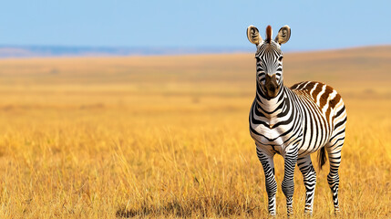 zebra stands in vast savanna, showcasing its bold striped pattern under clear blue sky