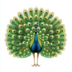 A vibrant peacock displays its stunning plumage, showcasing an array of colorful feathers in a fan shape, symbolizing beauty and elegance.