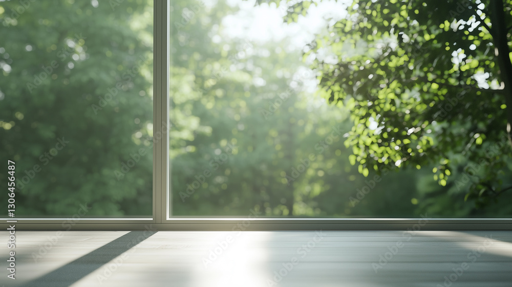 Aufkleber sunlit room with large windows overlooks lush green trees, creating serene atmosphere