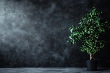 Dark room interior with potted plant.