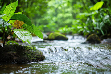 Fototapeta premium Lush rainforest stream with vibrant greenery and flowing water creates serene atmosphere