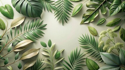 Serene Tropical Foliage Arrangement Lush Green Leaves and Delicate Blooms Create a Peaceful and Elegant Natural Border