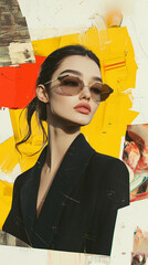 Retro inspired female model in bold pop art collage with sunglasses