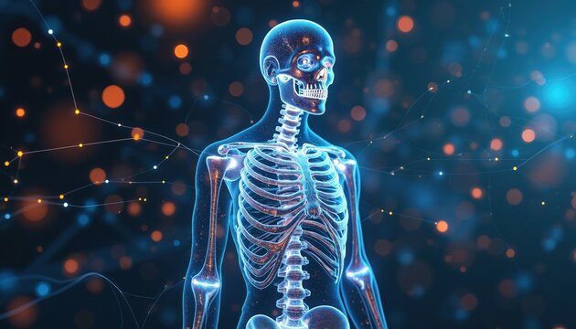 Medical skeleton with connected dots visualizes tech in healthcare, biomedicine. AI, genomics revolutionizing healthcare, providing precision treatments tailored to genetics. Personalized medicine - Powered by Adobe