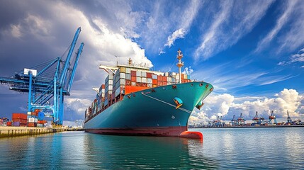 Fototapeta premium Large cargo ship docked at a port with cranes and containers, symbolizing a port strike, highlighting the scale of the port and the absence of activity.