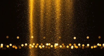 Fototapeta premium Golden glitter particles falling with warm bokeh in dark background