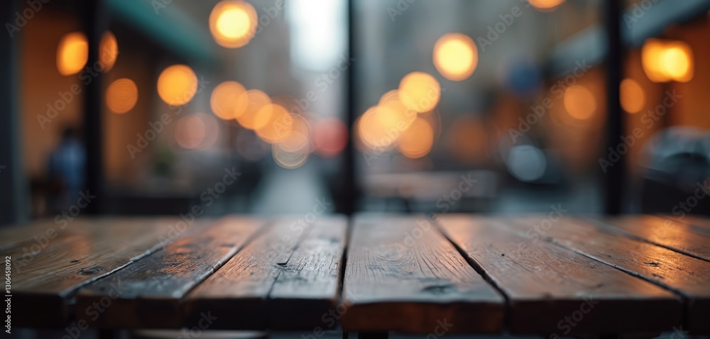 Poster Empty wooden table surface in cafe bar shop ideal for product mock-up. Blurred bokeh background creating abstract space for restaurant coffee shop interior decoration celebration. Modern rustic