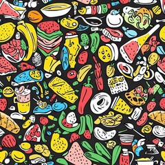 Fototapeta premium Food collage doodle seamless pattern for background texture textile fabric