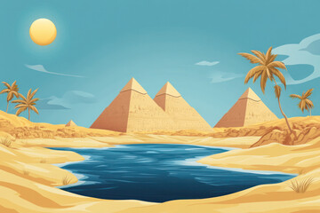 Abstract Egypt Background Showcasing Pyramids, Nile River, and Ancient Hieroglyphics