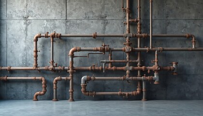 Rusty metal steam pipes against grey concrete wall. Gas pipes, industrial concept. Aged steel pipeline with insulation. Vintage water system, electricity plant and modern construction background.