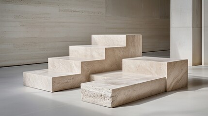 Abstract concrete block staircase in a modern architectural setting with soft natural lighting. Minimalist industrial interior.