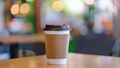 Takeaway coffee cup mockup with a customizable sleeve, placed on a café table with a blurred background. Perfect for showcasing branding or logo designs in a coffee shop setting.