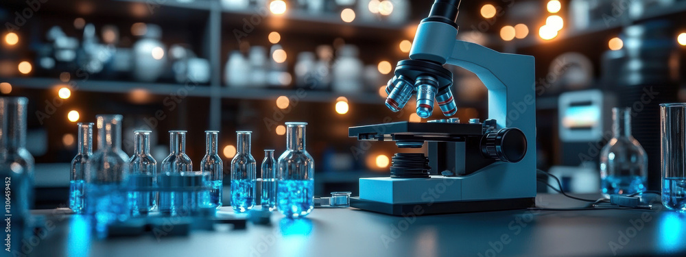 Poster microscope is placed on table surrounded by glass laboratory bottles, creating scientific atmosphere