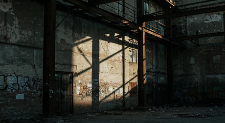 Fototapeta premium Derelict Industrial Building Exterior Decaying Brick Walls Rusted Metal Structure Urban Exploration
