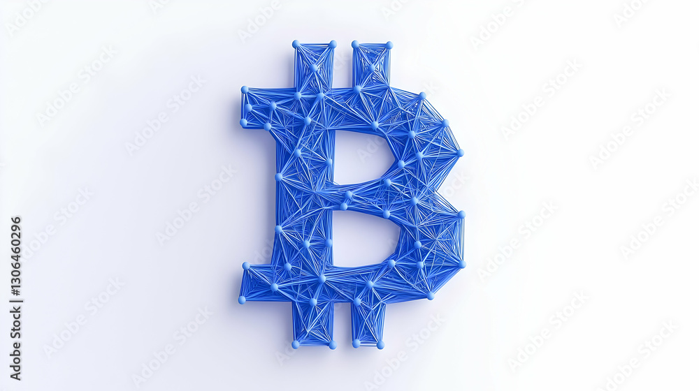 Poster blue bitcoin symbol made of lines and nodes representing technology