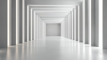 Obraz premium Minimalist white corridor with geometric symmetry and glowing linear lights. Abstract modern architecture