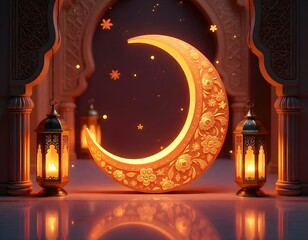 Elegant Ramadan Crescent Moon with Filigree Patterns and Glowing Lanterns in a Serene Setting
