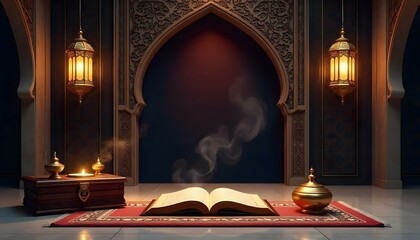 Luxurious Ramadan Scene with Golden Lanterns, Quran on Rihal, and Ornate Islamic Architecture