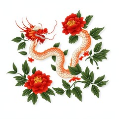 Obraz premium A vibrant illustration of a dragon entwined with red flowers and green leaves, showcasing a blend of nature and mythical elements.