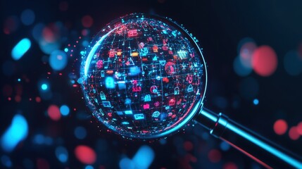 Futuristic magnifying glass revealing interconnected digital icons representing technology, data, and information in a vibrant, abstract background